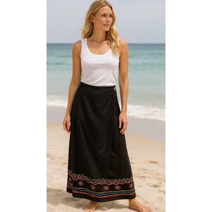 Stonebridge Wrap Maxi Skirt 10 Straight Black Linen Tropical Vacation Cruise